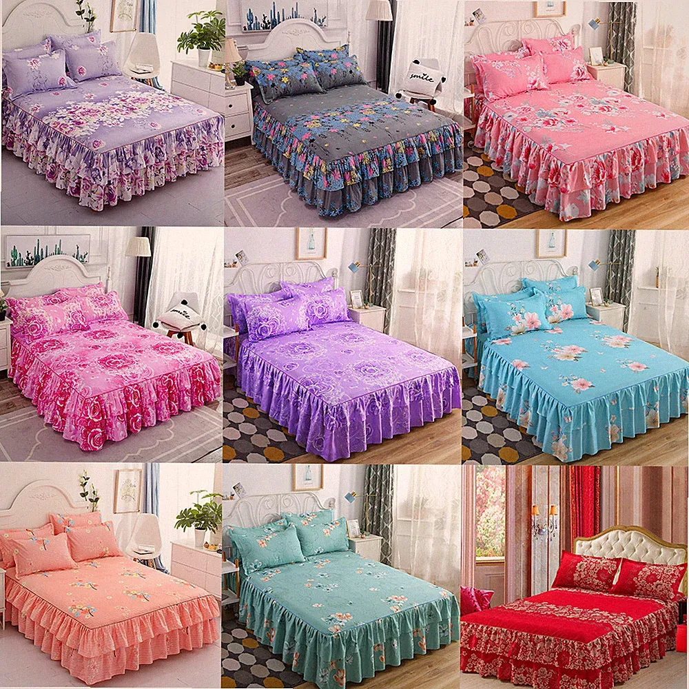 3PCS Flat Sheet Flower Bed Skirt With Pillowcase Princess Bedspread Dust Ruffles