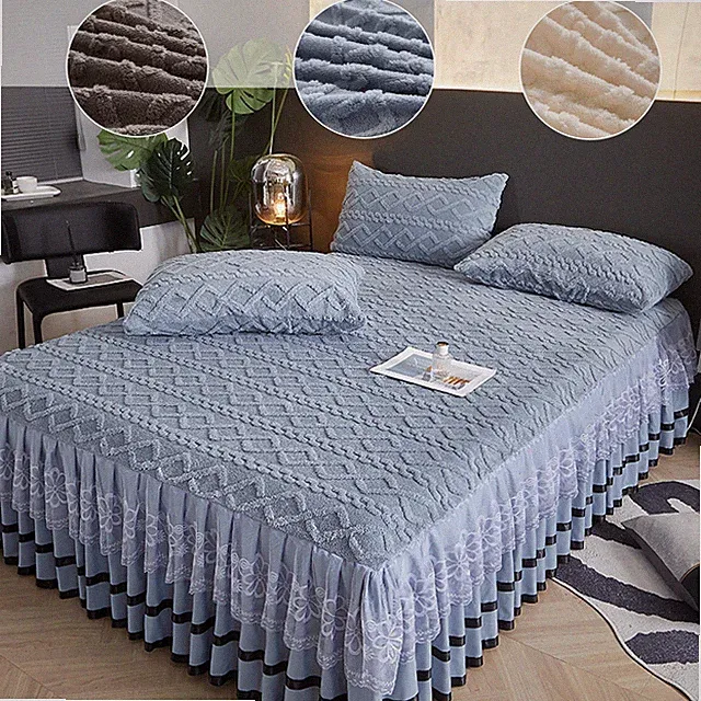 3Pcs Skirt Bedspread Set Taffel Velvet Bed Spreads Farmhouse Coverlet with Lace