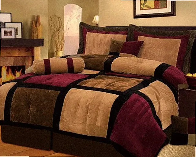 7 Piece Burgundy Brown Black Bed in a Bag Micro Suede Queen Comforter Set with A