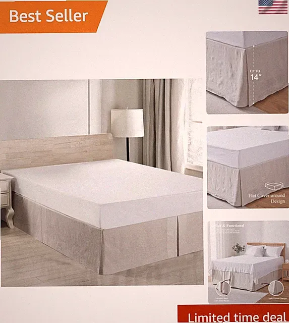 Belgian Linen Bed Skirt with Classic 14 inch Tailored Drop Dust Ruffle, Easy...