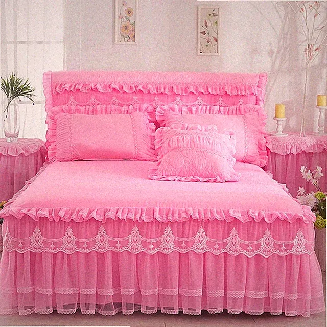 Lace Bed Skirt Pillowcases Bedding Set Princess Bedspreads Sheet Bed Cover