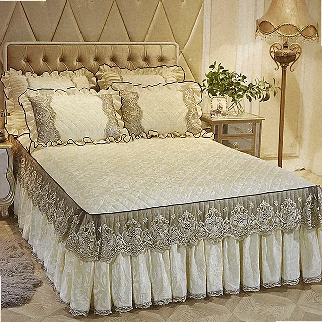 Lace Velvet Quilted Bed Skirt Elastic Queen King Dust Ruffle Bedspread Vintage