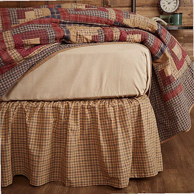 Millsboro Rustic Twin Bed Skirt Khaki Burgundy Navy Plaid 39x76x16" VHC Brands