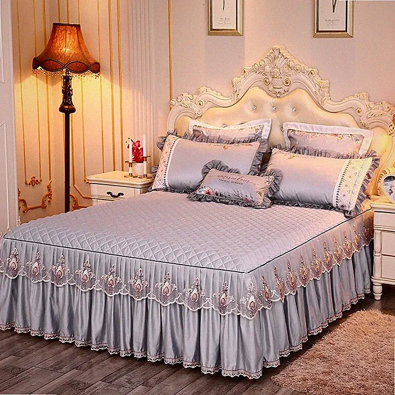 Princess Quilted Bed Skirt Lace Ruffle Bedcover Cotton Bedspread Sheet Bedding